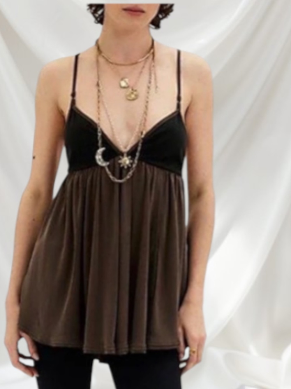 FREE PEOPLE TRIXIE STRAPPY TUNIC TOP BROWN BLACK LG